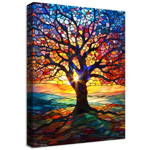 Wooden Framed Canvas Wall Art Colorful Tree of Life Canvas Print Abstract Red Yellow Blue Picture Painting Poster Home Office Corridor Living Room Bathroom Bedroom Wall Decor Ready To Hang 40x60cm