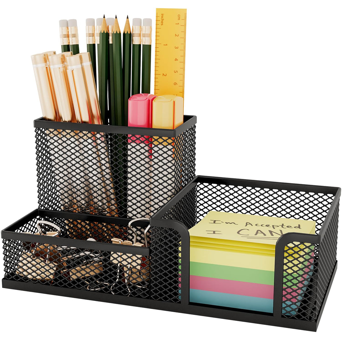Mesh Pen Holder for Desk 3 Compartment Desk Organizer for Pens Pencils Sticky Notes Office Accessories