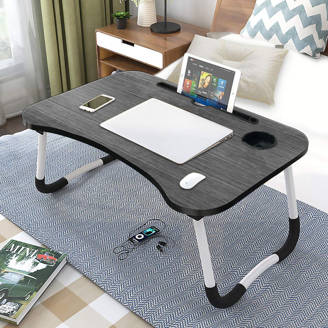 Laptop Bed Table, Adjustable Foldable Bed Tray Lap Desk, Multifunctional Portable Notebook Stand Reading Holder with Tablet, Phone & Cup Slots, Perfect for Couch Floor Kids(60 x 40cm)