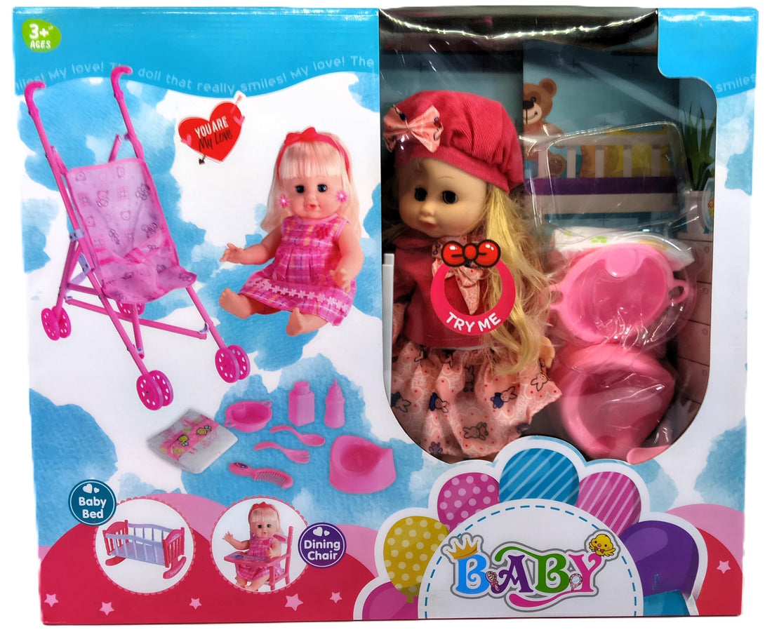 Baby Doll Toy Figure Set with Stroller and Accessories, Plastic, for Girls Ages 3+
