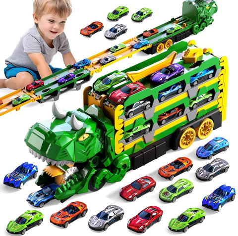 TOYS LAND Transport Truck Toy for Kids, Dinosaur Car Carrier Truck with 157 cm Foldable Race Track & 12 Die-Cast Cars, Birthday Gift for Toddlers Boys and Girls Aged 3-8 (Green)