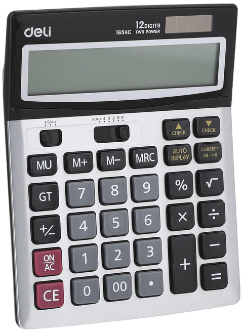 deli Desktop Calculator - Metal-12 digits, 112 steps check - Silver - Dual power (AA) - E1654C