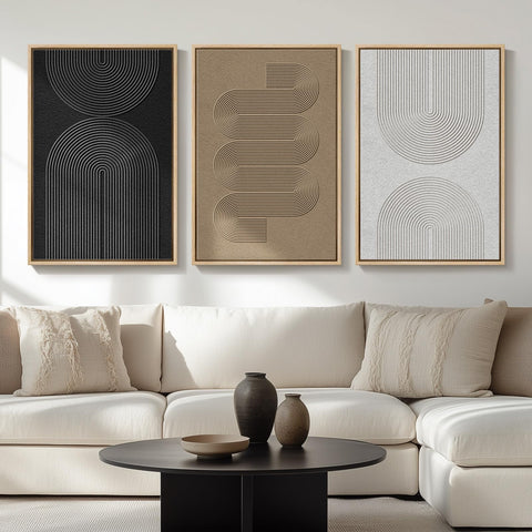 Large Framed Black and White Neutral Abstract Wall Art for Living Room, 3 Piece Boho Canvas Prints Paintings Artwork for Walls, Minimalist Geometric Pictures for Hallway Office Wall Decor 24x36 In