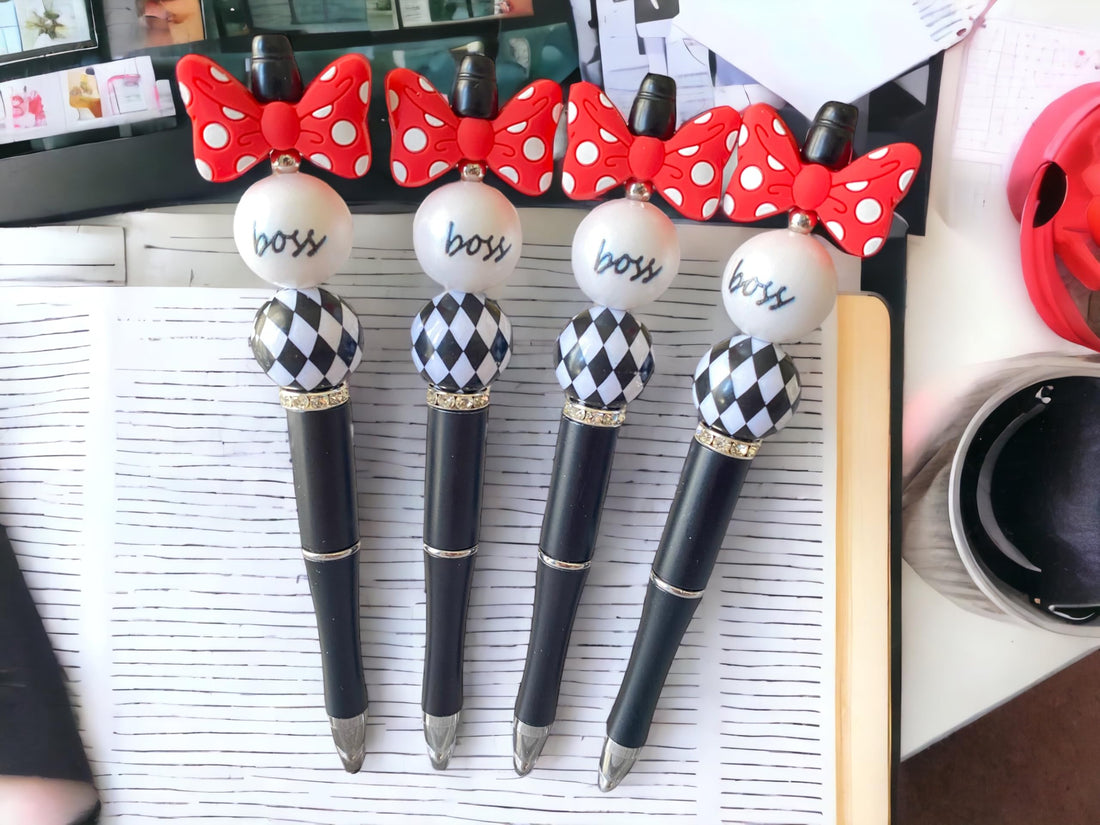 Stationery x1 Ballpoint Pen with Red Polka Dot Bow, Boss Pearl Beads, Black and White Checkered Design, Refillable Black Ink, 20mm Jumbo Bead