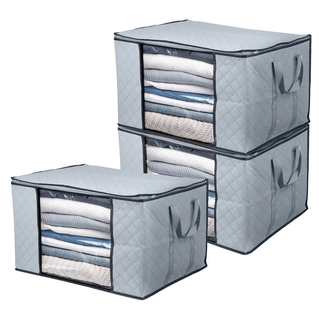 Boxlegend clothes storage bags solutions organizer with zips and clear window for clothes, comforters, blankets, bedding, 3 pieces, 90l