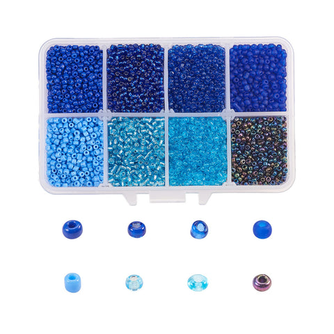 JAZZEEL Blue & Aqua Glass Seed Beads Kit, 8-Color Assortment of 12/0 (2mm) Mini Beads in a Container Box for Detailed Jewelry Making, Beading Projects, Embroidery, and DIY Craft Embellishments.