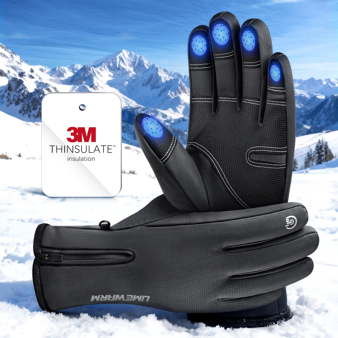 Winter Gloves Men Women Made with 3M Thinsalute, -10°F Waterproof Ski Gloves for Cold Weather, 5-Layer Thermal Snow Gloves