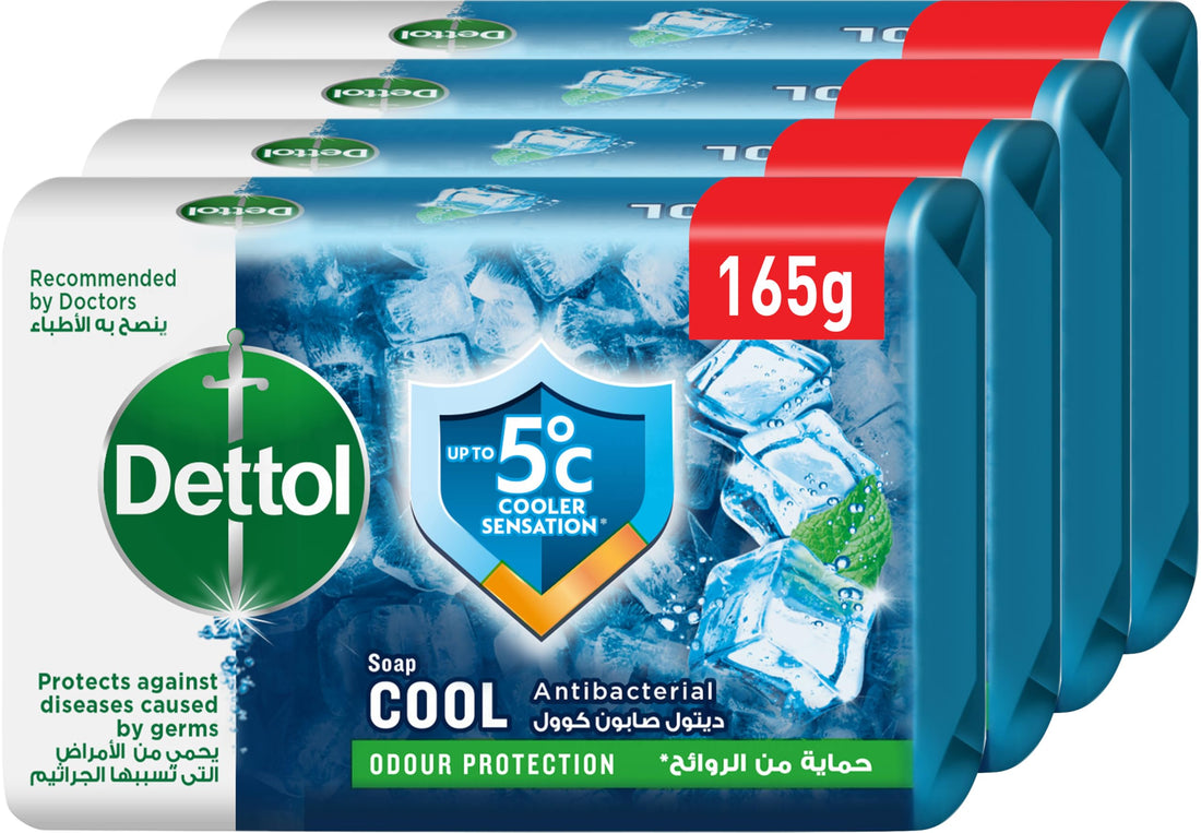 Dettol cool anti-bacterial bathing soap bar for effective germ protection, personal hygiene & odour protection , mint & bergamot fragrance, 4 pieces 165g @20%
