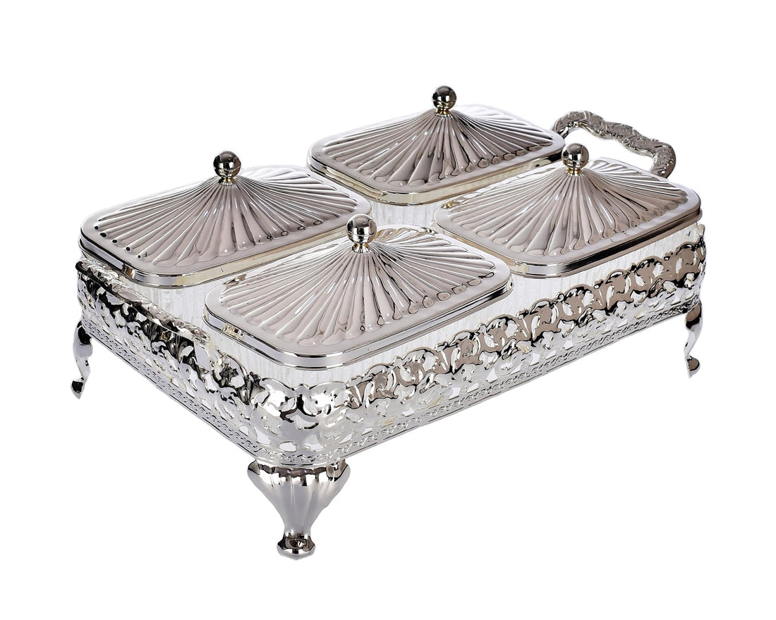Queen Anne rectangular appetizer plate Quadruple silver plated (4 lids + 4 glass plates) Royal" 0/4925/7