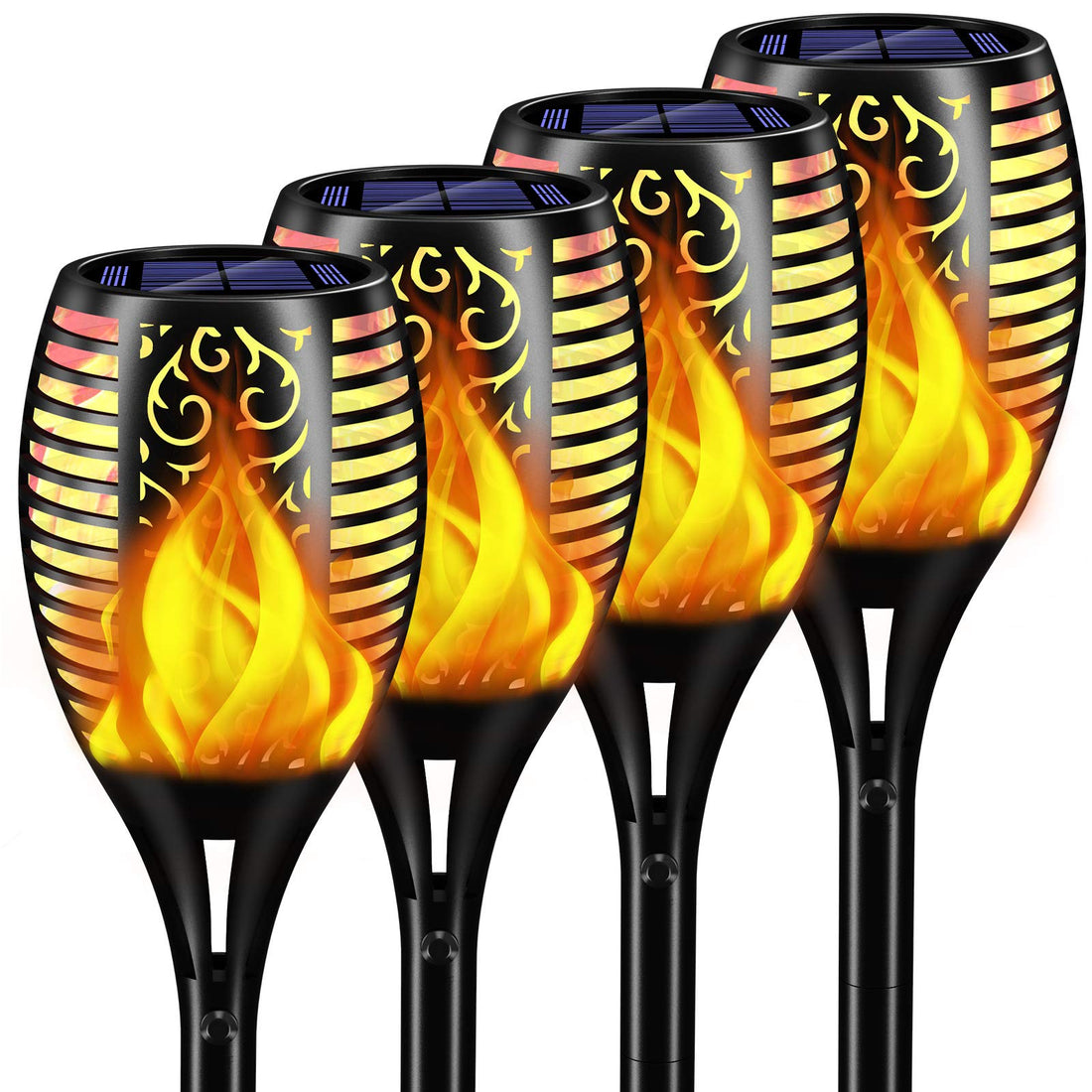infray Solar Flame Lights Outdoor, Upgraded 96 LED Solar Flickering Dancing Flame Garden Lights, Waterproof Solar Powered Torch Lighting Dusk to Dawn Auto On/Off for Garden Patio Pathway 4 Pack
