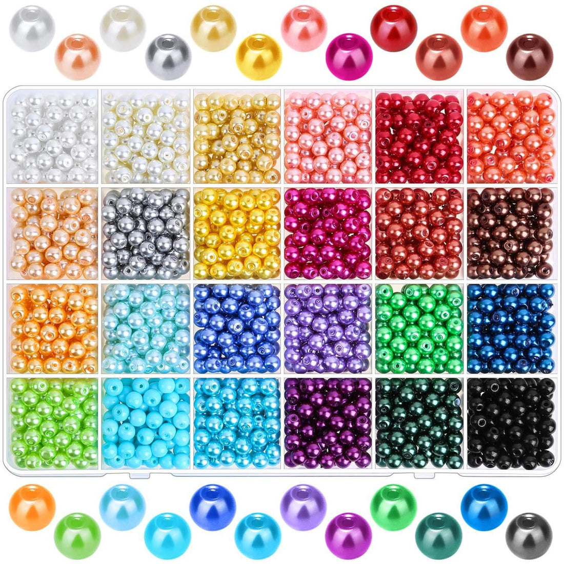 Pearl Beads, Caffox 1680Pcs 6mm Round Glass Pearl Beads 24 Colors Dyed Heishi Spacer Beads with Holes for Jewelry Making DIY Crafting Earring Necklace Bracelet Ring