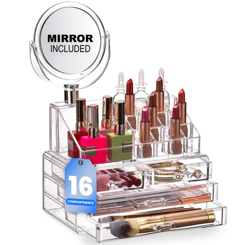 Clear Cosmetic Organizer with Mirror - Easily Organize Cosmetics, Jewelry and Hair Accessories. Looks Elegant Sitting on Your Vanity, Bathroom Counter or Dresser. Clear Design for Easy Visibility.