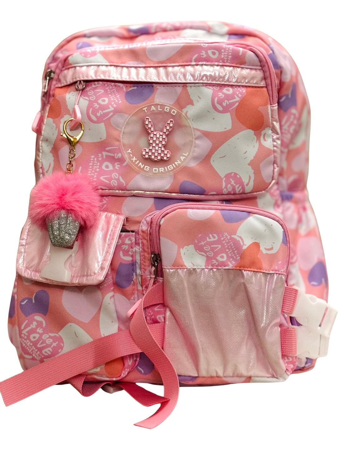 My needs School Backpack for Girls Pink Heart Print + Necklace