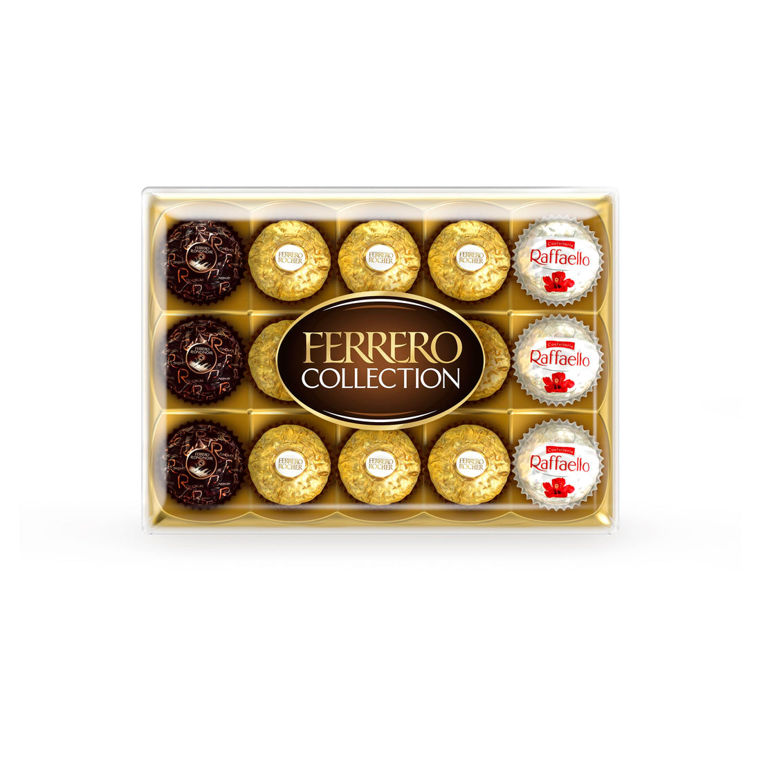 Ferrero Collection Pralines, Chocolate Gift Box, Treat Box, Assorted Rocher, Coconut Raffaello and Dark Chocolate Rondnoir, Box of 15 (172g)