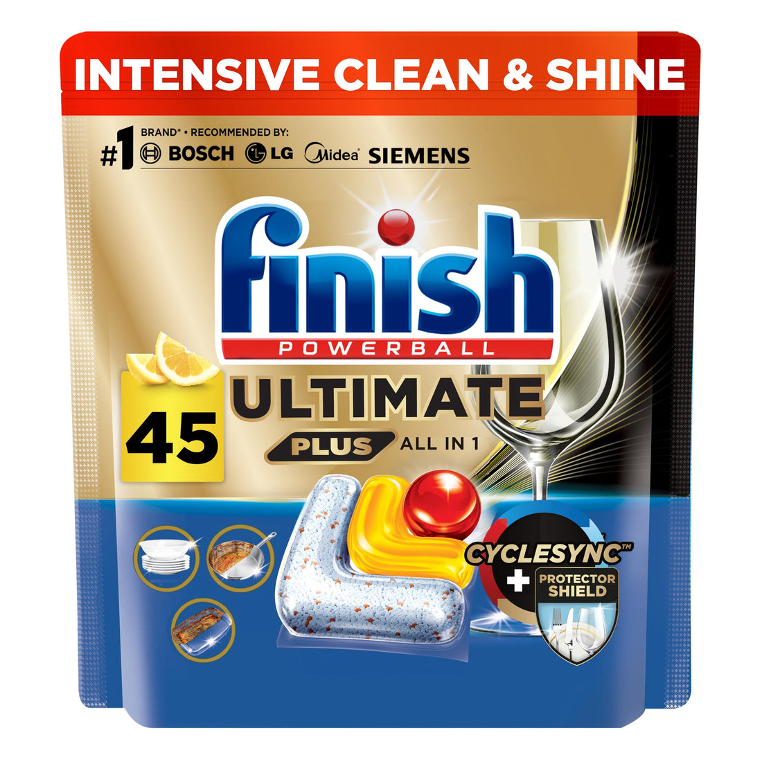Finish Powerball Ultimate Plus, Infinity Shine Dishwasher Detergent Tablet, Lemon Fragrance, No Pre-Rinse Needed, Cyclesync & Protector Shield, 45 Tabs