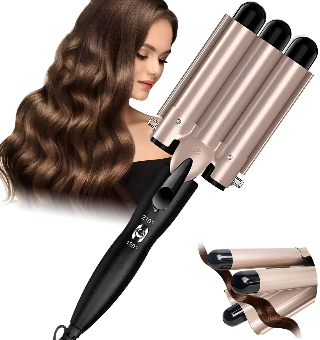 Hair Styler - Transform your look with triple barrel styling, designed to create luscious curls while ensuring heat distribution and high performance design for long-lasting results.(Gold)