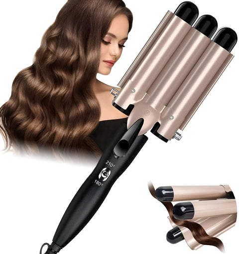 Hair Styler - Transform your look with triple barrel styling, designed to create luscious curls while ensuring heat distribution and high performance design for long-lasting results.(Gold)