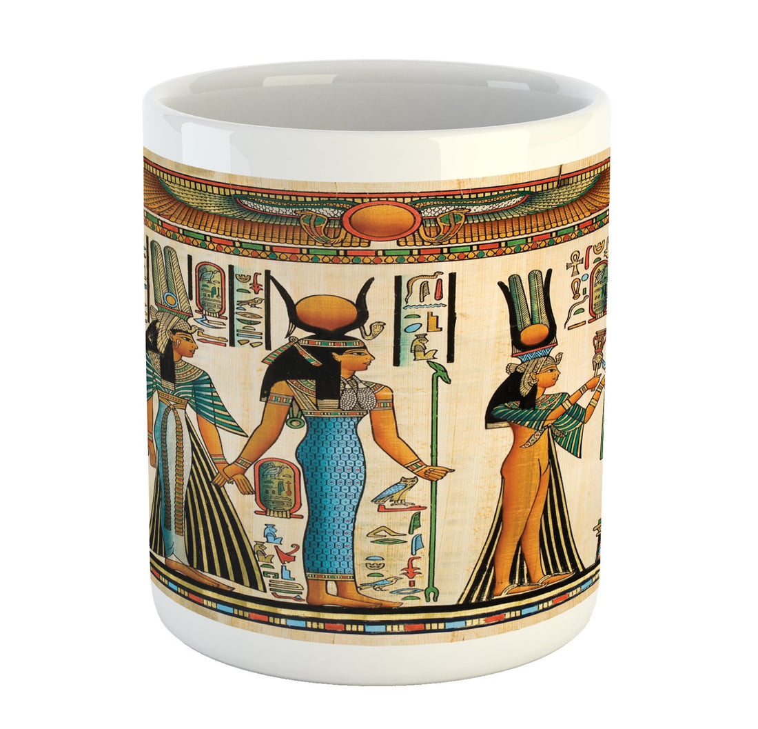 Lunarable Egyptian Print Mug, Egyptian Papyrus Depicting Queen Nefertari Making an Offering to Image, Ceramic Coffee Mug Cup for Water Tea Drinks, 11 oz, Teal Orange
