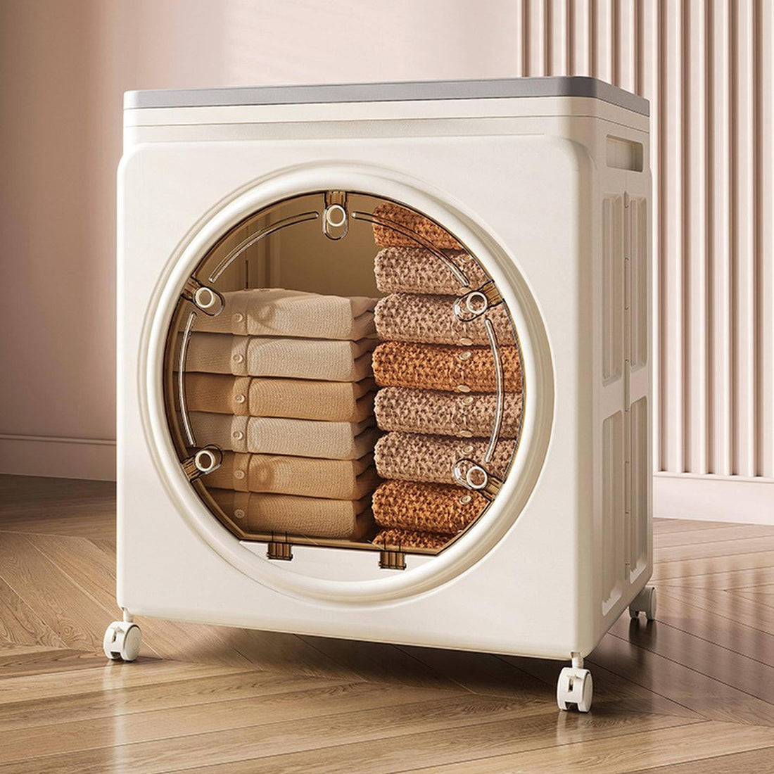 Portable foldable laundry basket with wheels shaped like a washing machine Practical design folds up to save space when not in use and is easy to use Small wheels make it easy to move