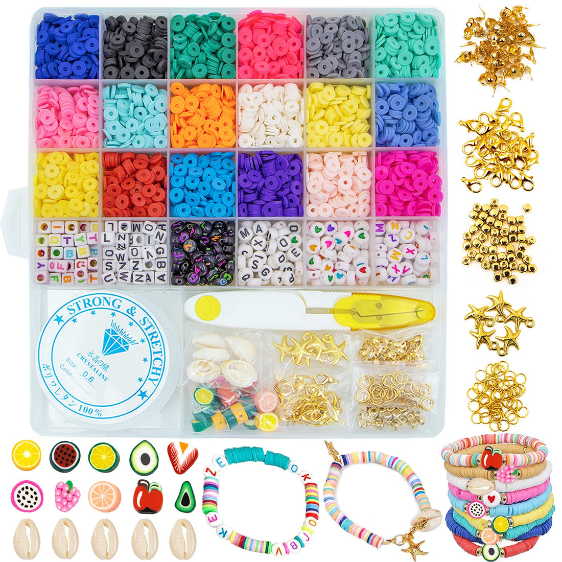 5007Pcs Clay Spacer Beads, Flat Round Ceramic Beads Polymer Heishi Disc Beads Bracelet Making Kit with Letter Beads Jump Ring Pendants Lobster Claps for Kids Adults DIY Necklace Anklet Handmade Crafts