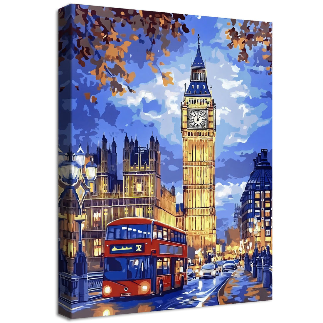 Wooden Frame, Modern Pictures of the City of London, Big Ben, Decorative Pictures, Canvas, View, Bus View, Red Photo, Blue, Yellow, Red, Decoration, Living Room, Bathroom, Bedroom, Hallway, 30 x