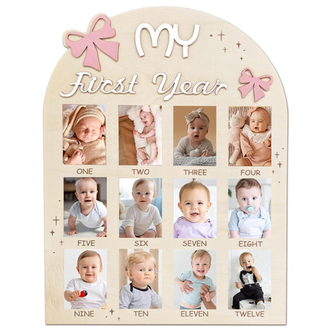 Aukolass Bow One Year of Photo Board, My First Year Photo Photo Board 12 Monthly Milestones Picture Frame for Baby Girl 1st Birthday Decorations (pink)