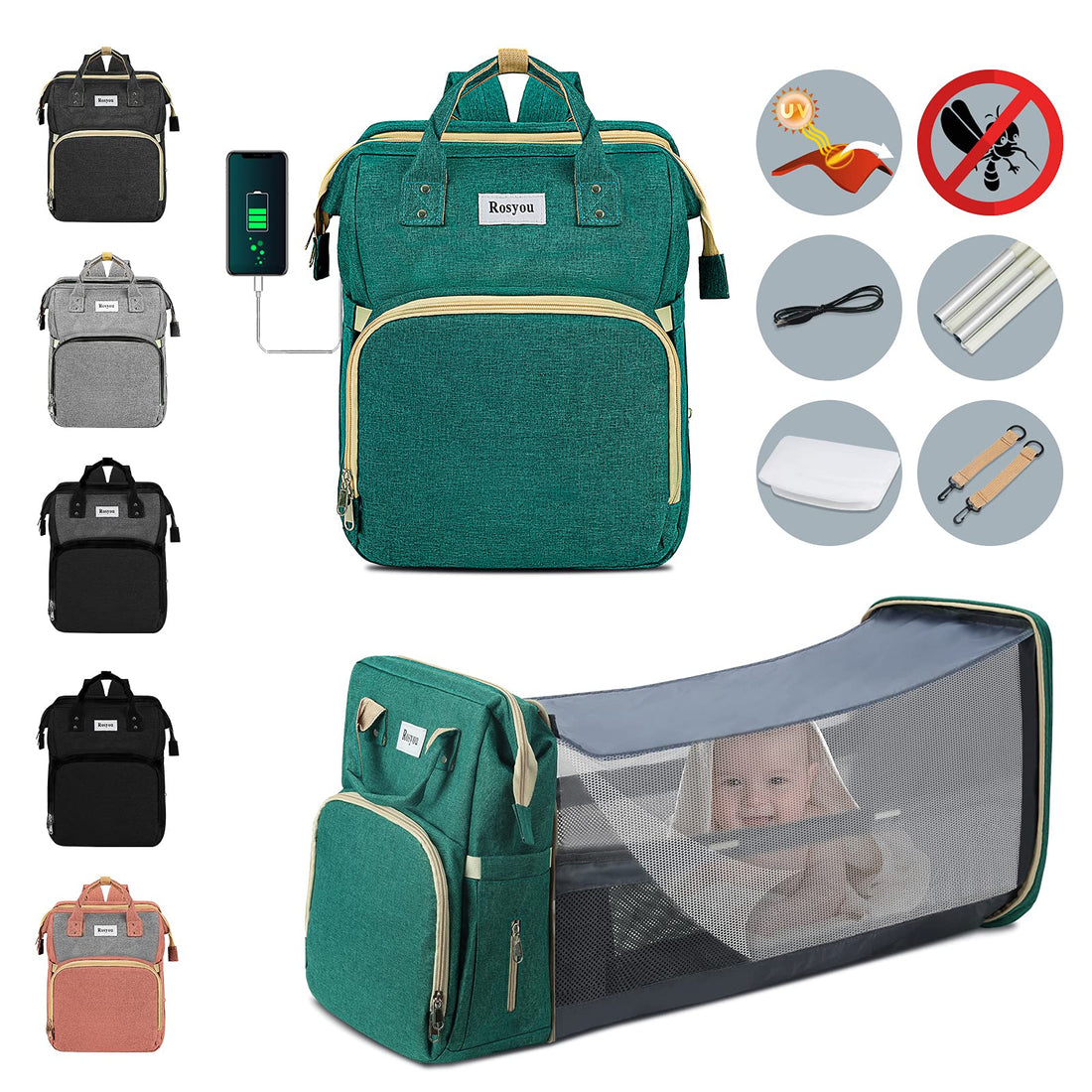 Diaper Bag Backpack, Multifunction Travel Baby Nappy Changing Bag for Dad Mom with Insulated Pockets, Mosquito Net, Changing Pad, Storller Straps, Maternity Baby Bag for Boys Girls (Cyan)