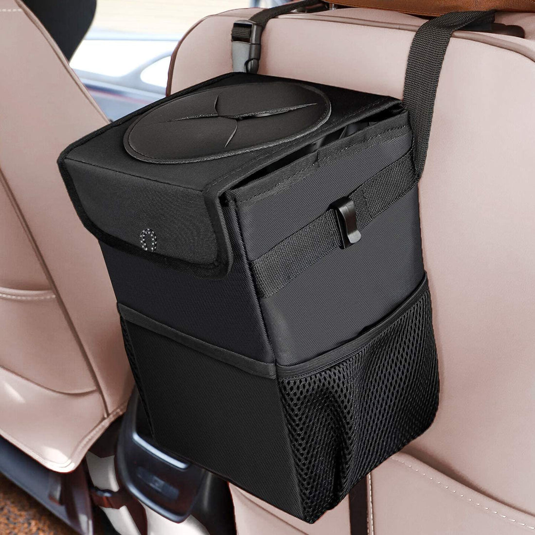 Car Trash Can with Lid, DDMA Car Trash Bag Hanging with Storage Pockets, Collapsible Waterproof Car Garbage Can, Portable Car Garbage Bin (10L)