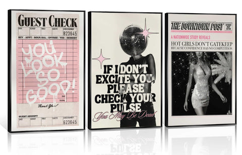 Vintage Pink Canvas Wall Art Set of 3 Funky Hot Girl Pictures You Look So Good Poster Preppy Trendy Paintings Home Wall Decor Aesthetic Disco Ball Bar Cart Prints for Apartment Dorm 12x16in Unframed