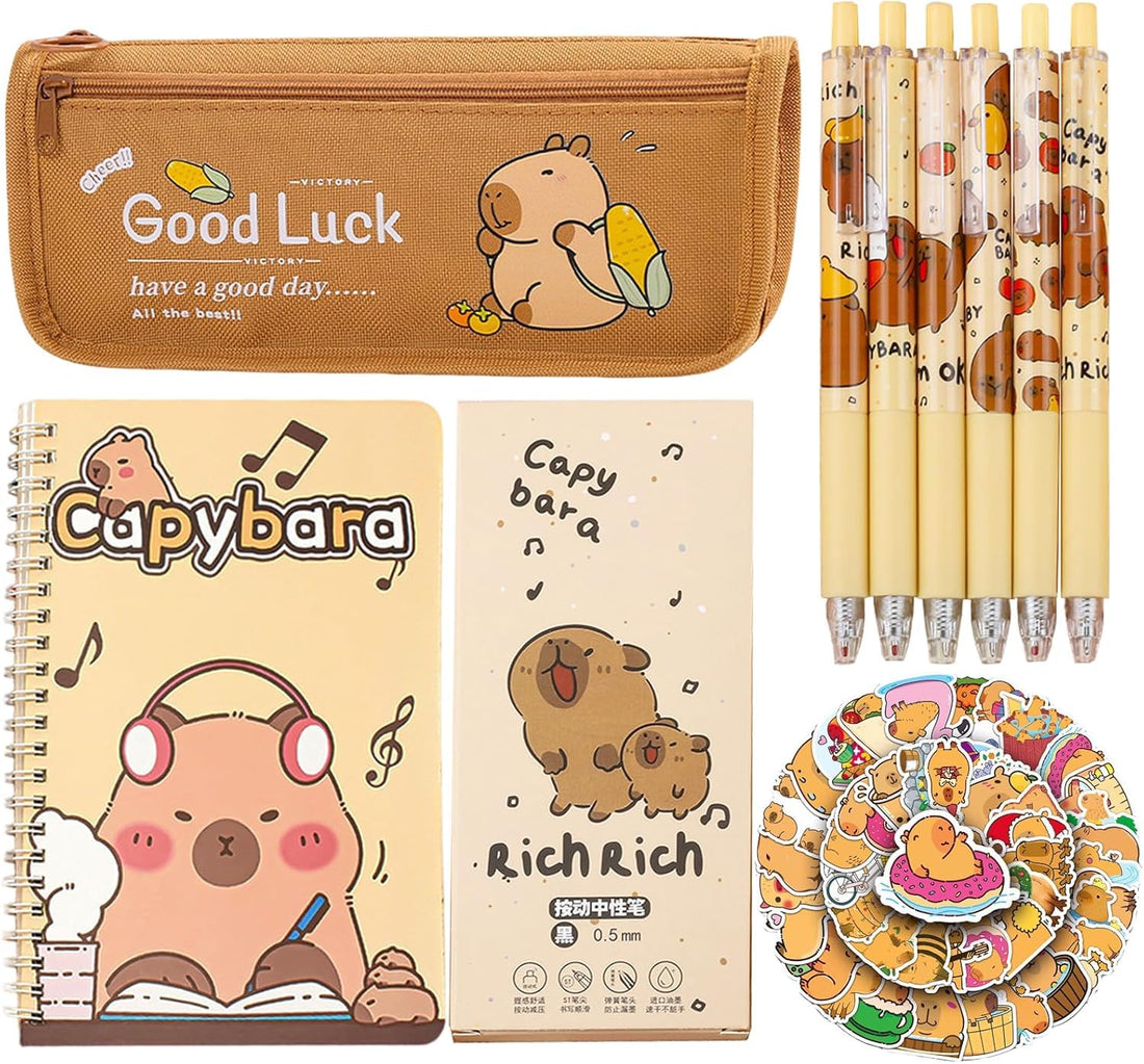 58PCS Cute Capybara Stationery Kit, Kawaii School Supplies Set for Kids, Includes Notebook, Gel Pens, Pencil Case, Stickers, Ideal Gift for Back to School, Birthdays, Children's Day, Safe & Non-Toxic