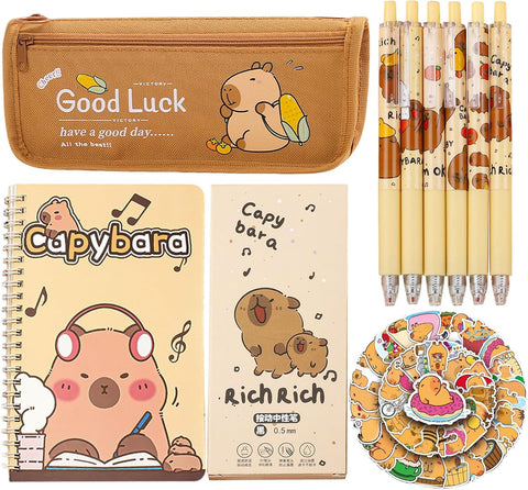 58PCS Cute Capybara Stationery Kit, Kawaii School Supplies Set for Kids, Includes Notebook, Gel Pens, Pencil Case, Stickers, Ideal Gift for Back to School, Birthdays, Children's Day, Safe & Non-Toxic