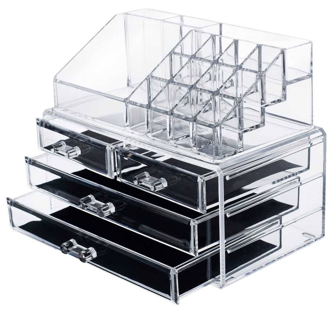 Acrylic makeup jewelry vanity organizer - clear lipstick make up brush display case container for beauty products! 16 slot 4 box drawers holder storage earring and other cosmetic items for bathroom!