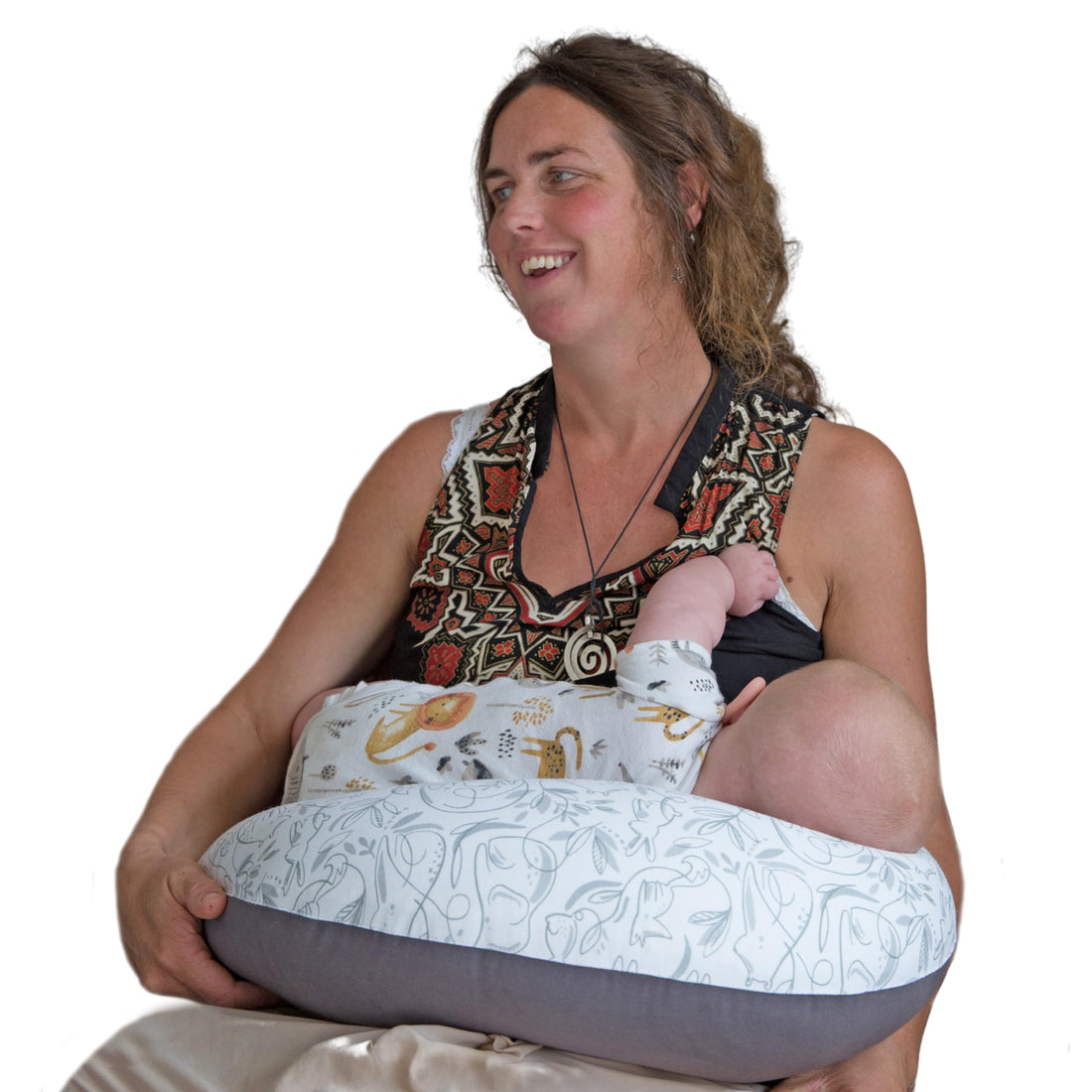 Hippychick Nursing Pillow - Breastfeeding Baby Maternity Pillow Removable-Washable Cotton Cover (Animal Friends Grey)