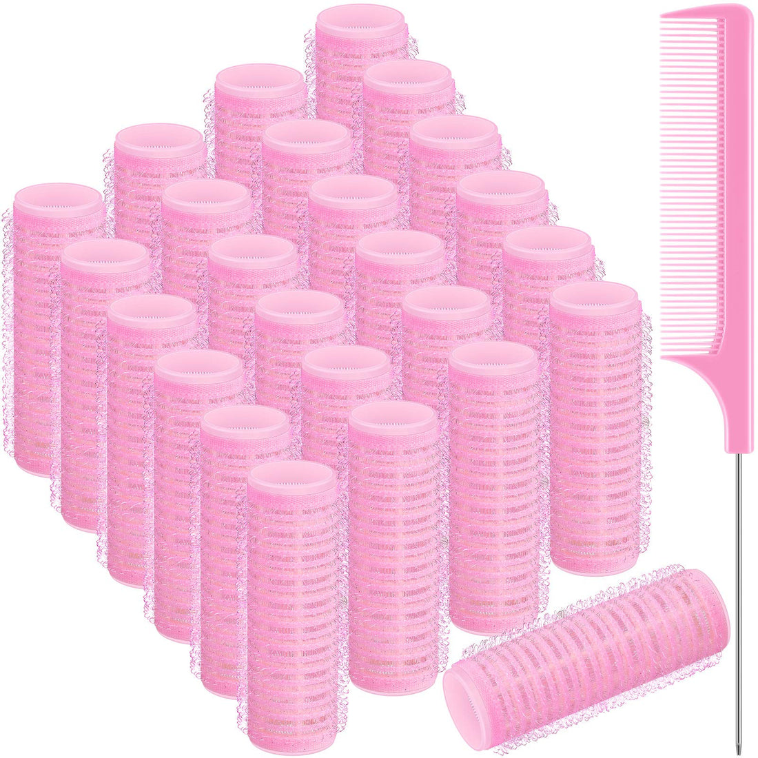 25 Pieces Hair Rollers Set, Includes 24 Pieces Self Grip Hairdressing Curlers Self Holding Rollers and Stainless Steel Pintail Comb Rat Tail Comb for DIY Hair Salon (2 cm, Pink)