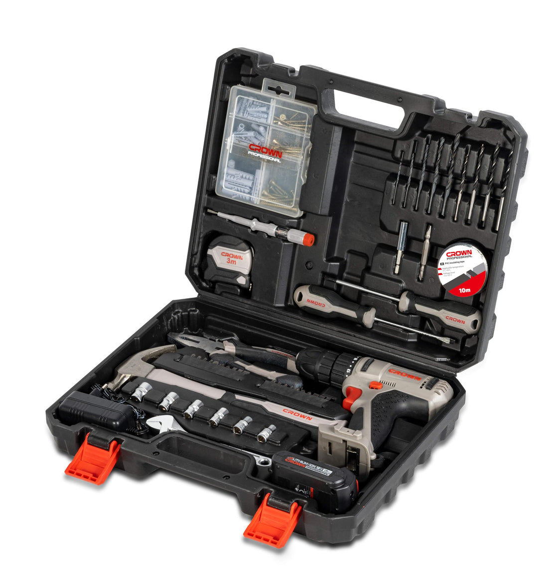 CROWN Professional Power and Hand Tool Set, 126 Pieces with Cordless Drill, Durable Blow Case, Black and Red, Ideal for Home Repair, Office, Furniture Assembly, Mechanical Maintenance, DIY Projects