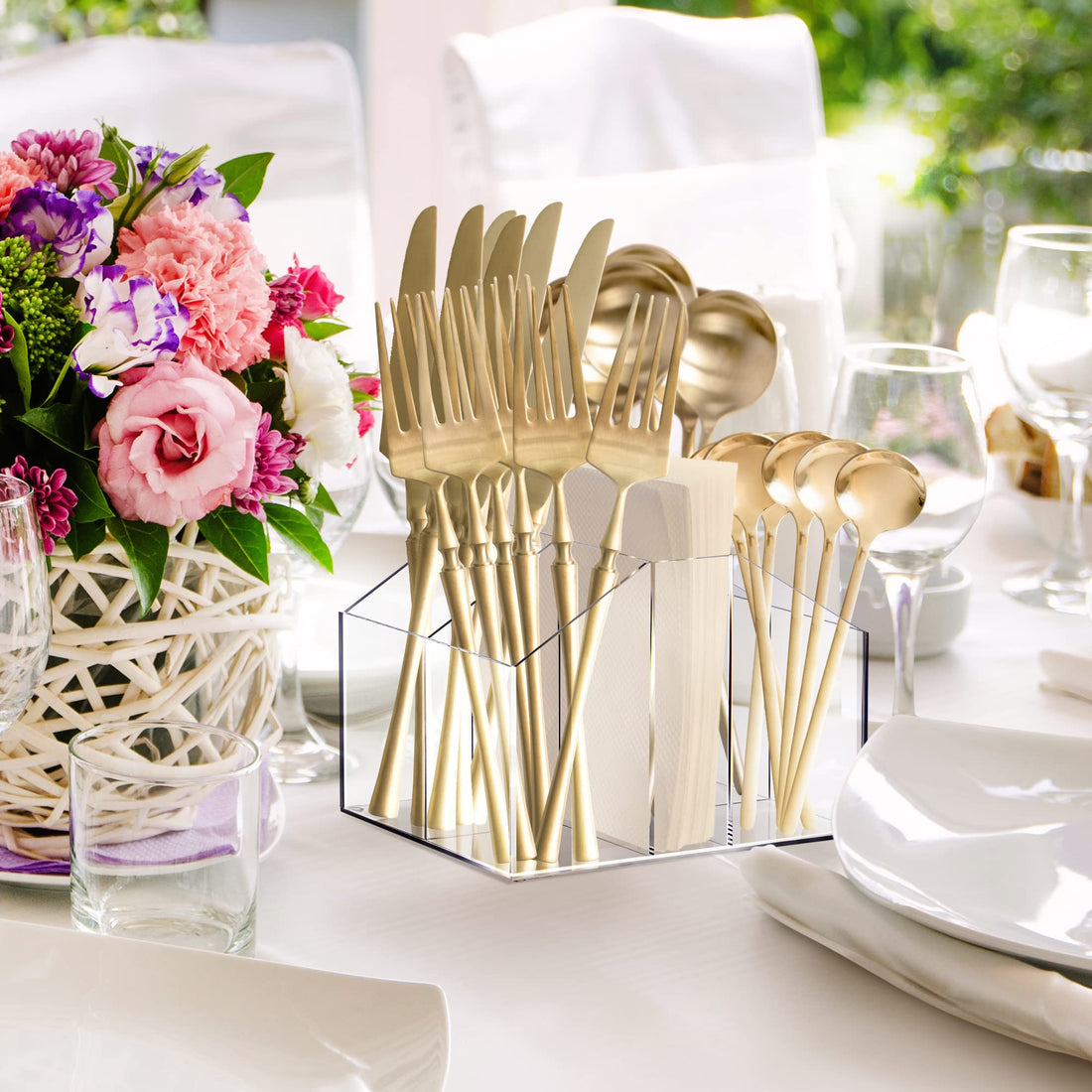 BEST MEDIA Acrylic Silverware Organizer, Clear Utensil Holder Caddy for Spoons, Forks, Knives, and Napkins, Countertop Flatware Organizer for Dining Table, Buffet, Kitchen, or Party Use, Clear