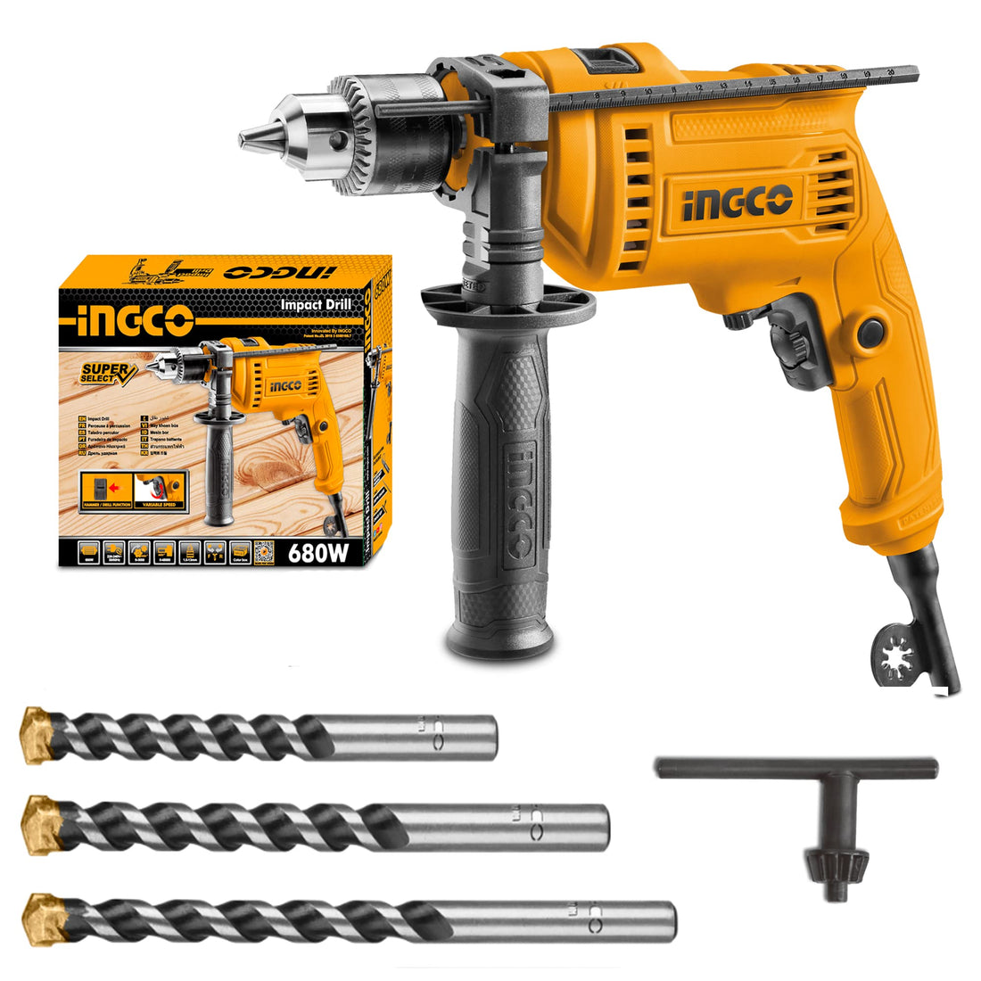 INGCO Impact Drill Set, 680W | 0-3000rpm | 13mm Power Hammer Drills, Variable Speed Corded Drill Machine, Forward/Reverse Switch Electric Drill with 3 pcs Masonry Drill Bits, 10pcs Screwdriver Bits