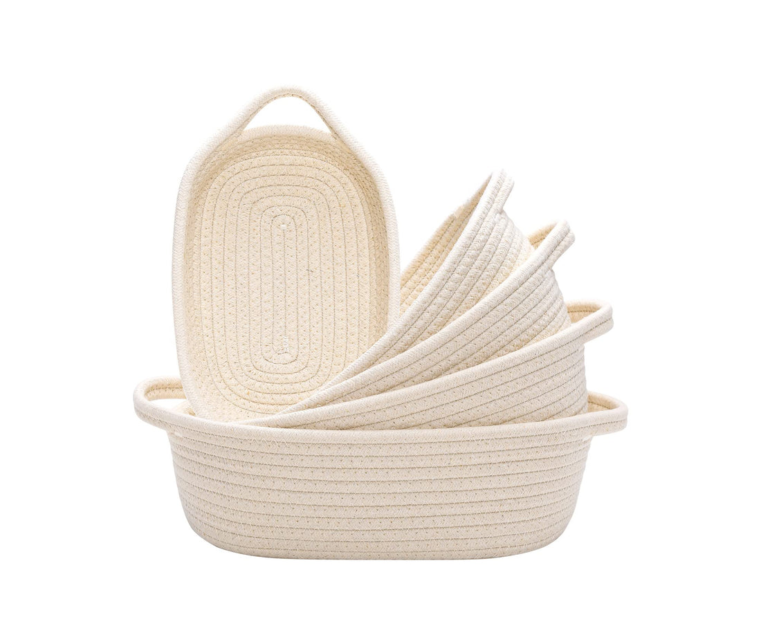 Ellipse Storage Basket 5-piece Set- Natural Cotton Rope Woven Baskets for Organizing Small Basket Bins Storage, Dog Toy Baskets with Handle, Cat Toy Box, Bathroom Organization Bin