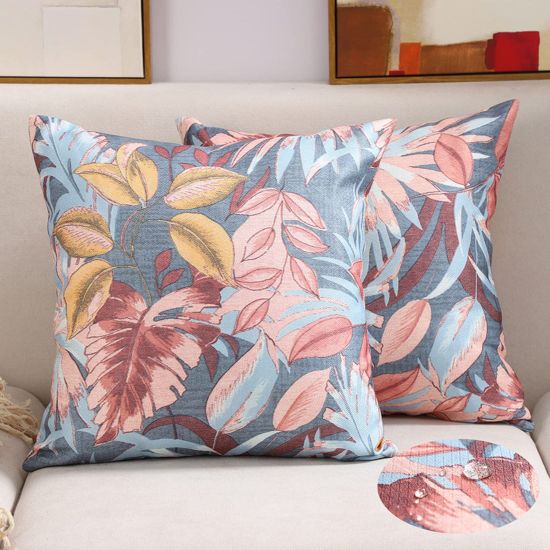 Set of 2 Outdoor Pillow Covers 18x18 Inch Waterproof Red Leaf Printed Throw Pillowcases Square Cushion Covers for Outdoor, 45x45cm