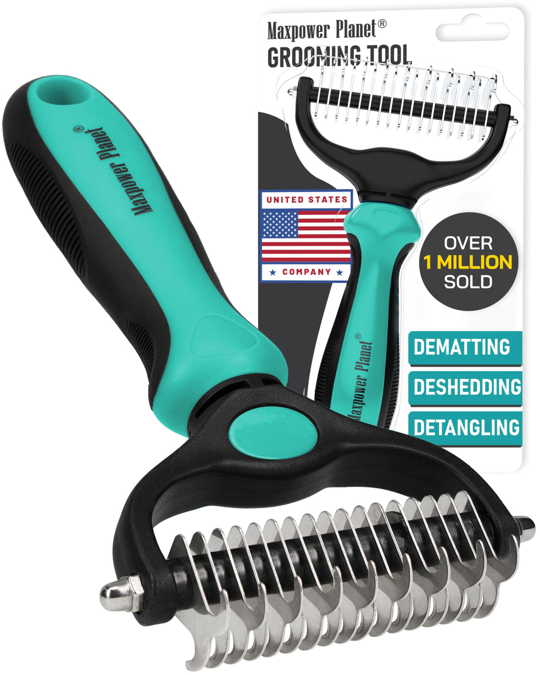 Maxpower Planet Pet Grooming Brush - Double Sided Shedding, Dematting Undercoat Rake for Dogs, Cats - Extra Wide Dog Grooming Brush, Dog Brush Shedding, Cat Brush, Reduce Shedding by 95%, Turquoise