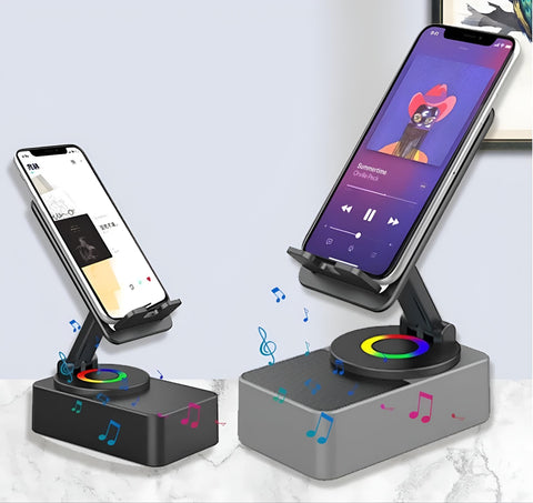 WIRELESS SPEAKER - Three-function Bluetooth speaker with power bank and dynamic LED lighting, wireless charging stand for tablets and phones, perfect for home and business desktop accessories.
