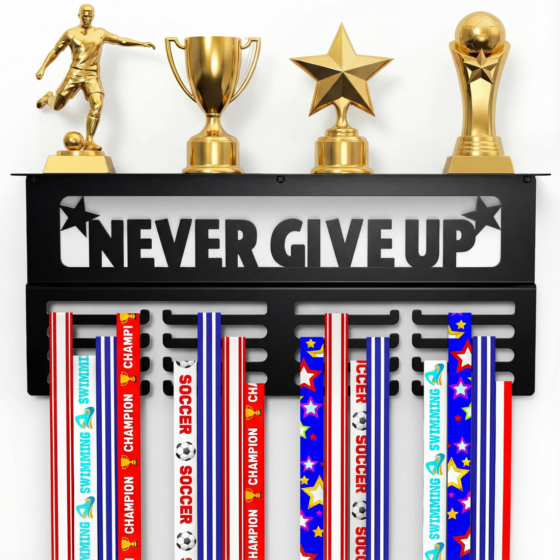 AGATHOS HOME Medal Hanger Display with Trophy Shelf - Metal Awards Rack for Walls Holds 64+ Sports Medals- Never Give Up 16" Medal Holder 4 Rows of Hanger Space and Deep 4" Shelf