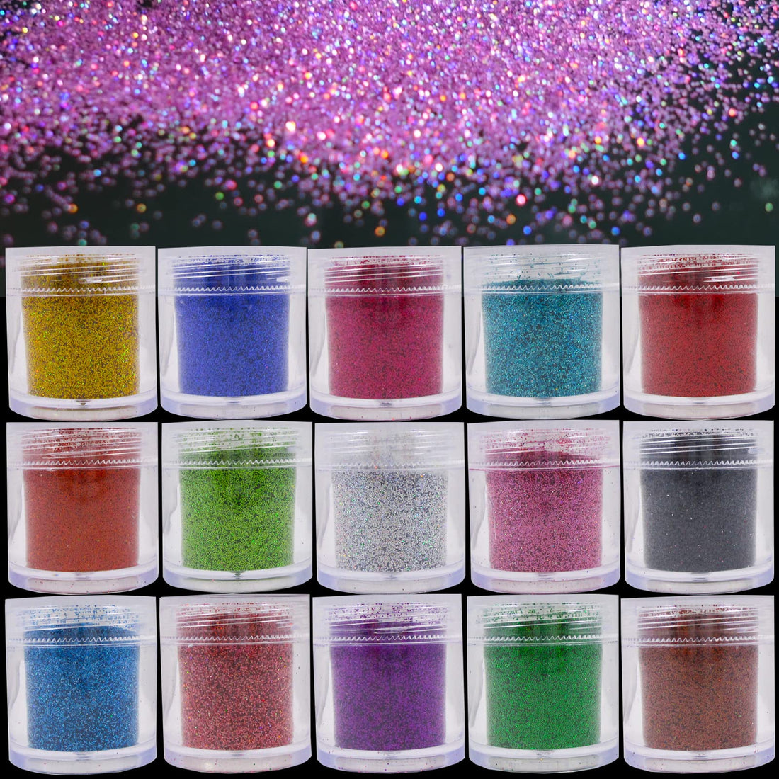 15 Colors Ultra Fine Glitter Powder Holographic Iridescent Glitter Pigment Resin Supplies for Crafts Resin Arts Painting Face Eyeshadow Lipgloss Slime Festival Body Makeup