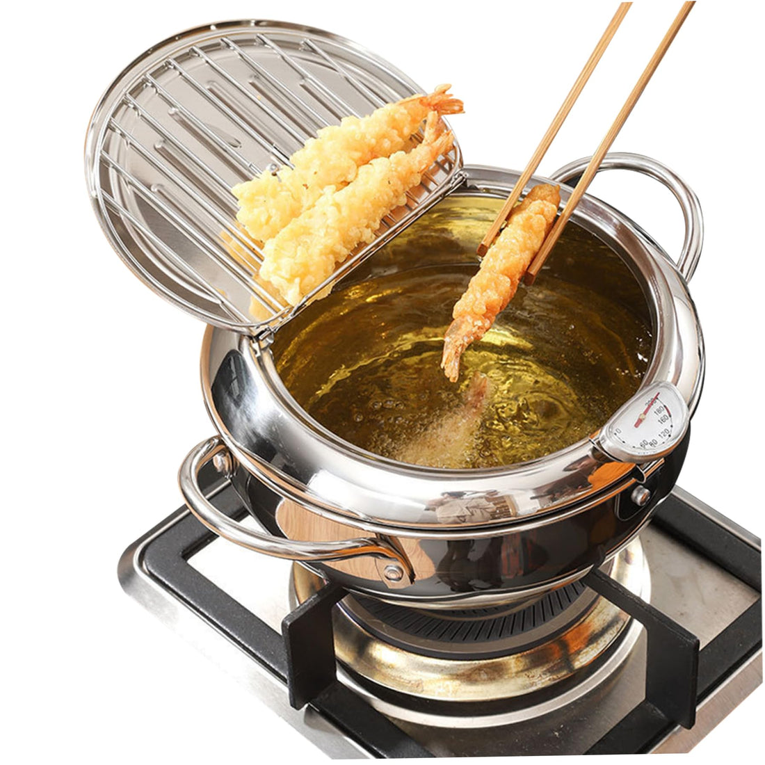 Deep Fryer Pot 3.4L 9.4IN Mini Deep Fryer Deep Fryer Oil Frying Pot Japanese Deep Frying Pot with Thermometer Lid Stainless Steel Deep Fryer with Oil Filtration for Tempura Chips Fries Chicken
