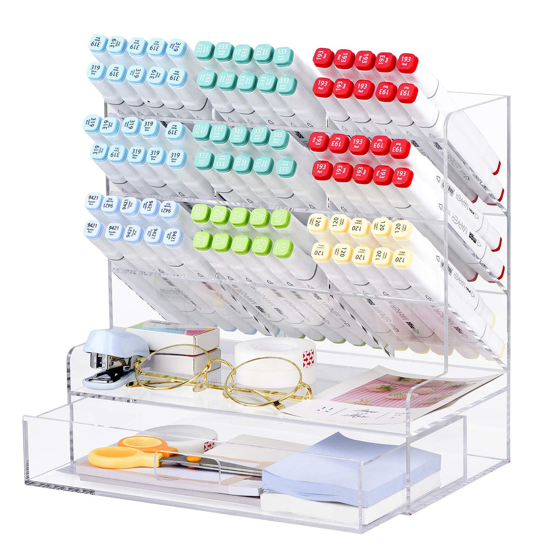 Best Media Clear Acrylic Desk Organizer for Pens and Accessories, Multi-Compartment Marker and Pencil Holder with Integrated Storage Drawer, Desktop Organization Caddy for Art and Office Supplies