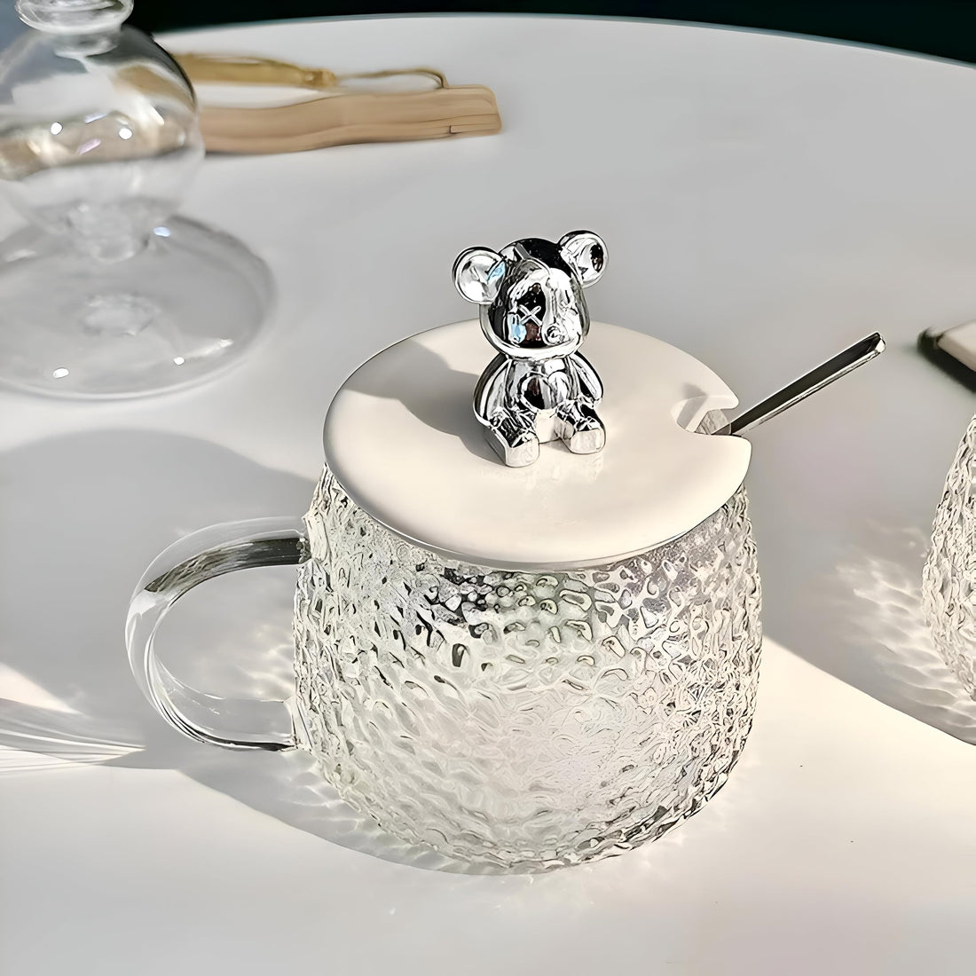 300ml Glass Cup with Bear Lid and Spoon Perfect for Milk, Juice, Chocolate, Coffee