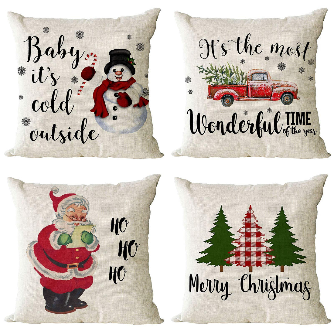 YeeJu Set of 4 Christmas Decorative Throw Pillow Covers Christmas Holiday Xmas Square Cotton Linen Cushion Covers Santa Clause Red Truck Trees Snowman Outdoor Couch Sofa Home Pillow Cases 22x22 Inch