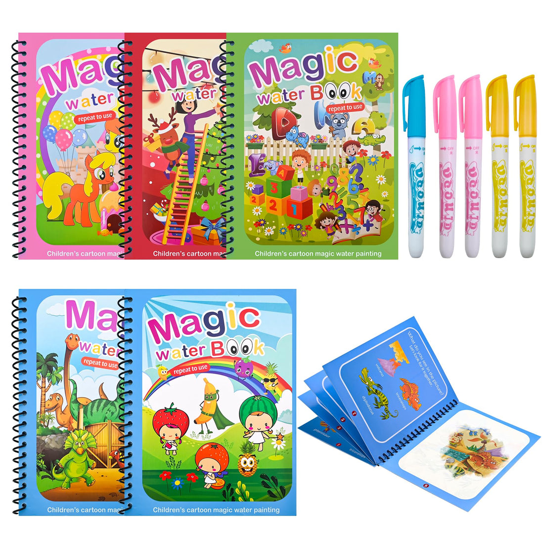 Kacunoki Water Magic Colouring Book 5Pcs Water Painting Books Reusable Water Colouring Books for Children Mess Free Magic Painting Books with Water Pens for 3 4 5 6 Year Old Kids Boys Girls, Style B