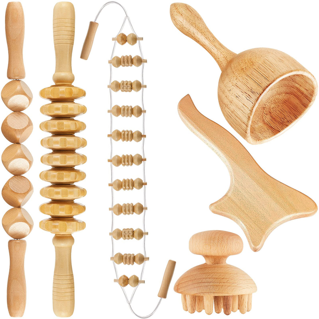 6 Piece Wood Therapy Massage Kit - Maderoterapia Massager Roller, Gua Sha, Manual Fascia Tools for Cellulite Release, Muscle Blasting, Pain Relief, Body Sculpting