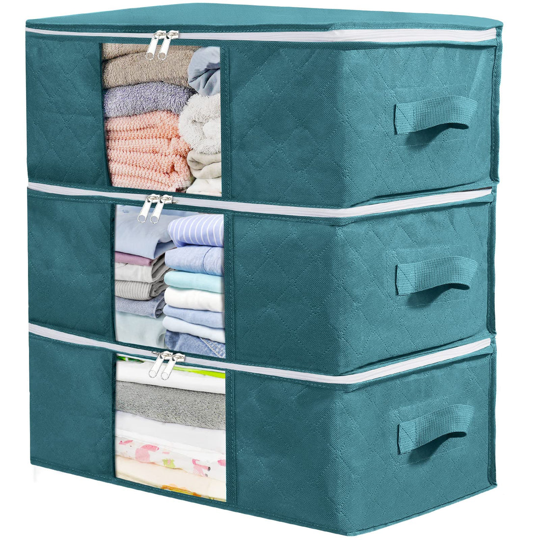 Clothes Storage Bags Foldable, Fabric Storage Boxes, Under the Bed Storage Bags with Zips, Waterproof Thick Non-woven closet Organizers, Used For Duvet Clothing, 48 x 35 x 20 cm, 3 Pack (Blue)